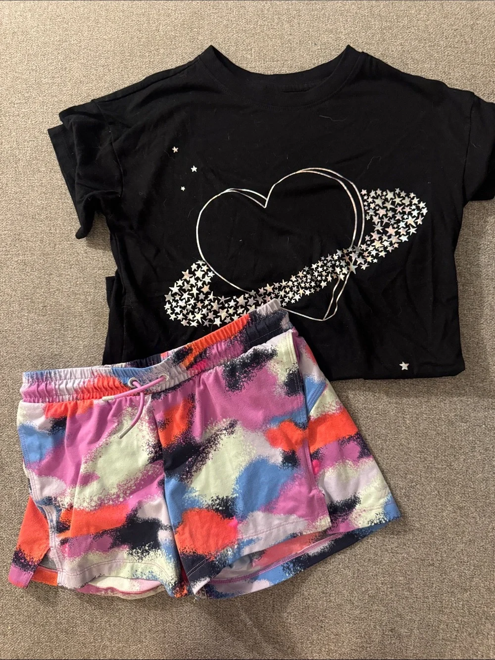 5/$15- Kids Black Heart Graphic Tee and Multicolor Active Shorts Set